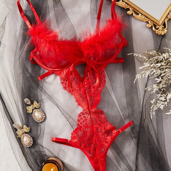 Feather Red Floral Longline Bra Set Women Lingerie Set Mesh Sexy Lingerie - Picture 1 of 10